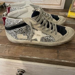 Golden Goose Mid Star Blue and Silver Sequin Sneakers
